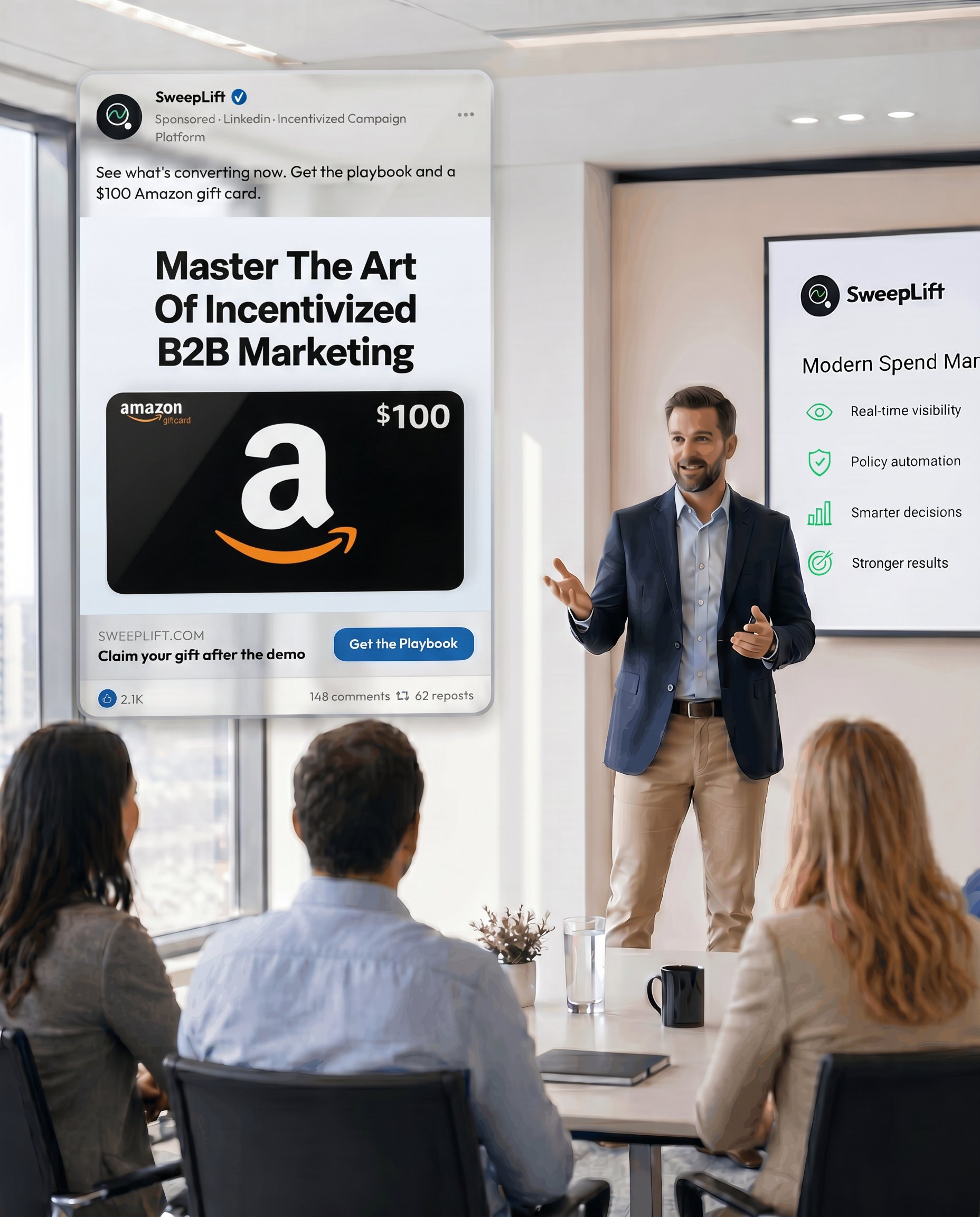 A SweepLift demo presentation in a bright modern boardroom — a presenter walking the team through an incentivized lead-gen campaign with a SweepLift sponsored LinkedIn ad on the wall