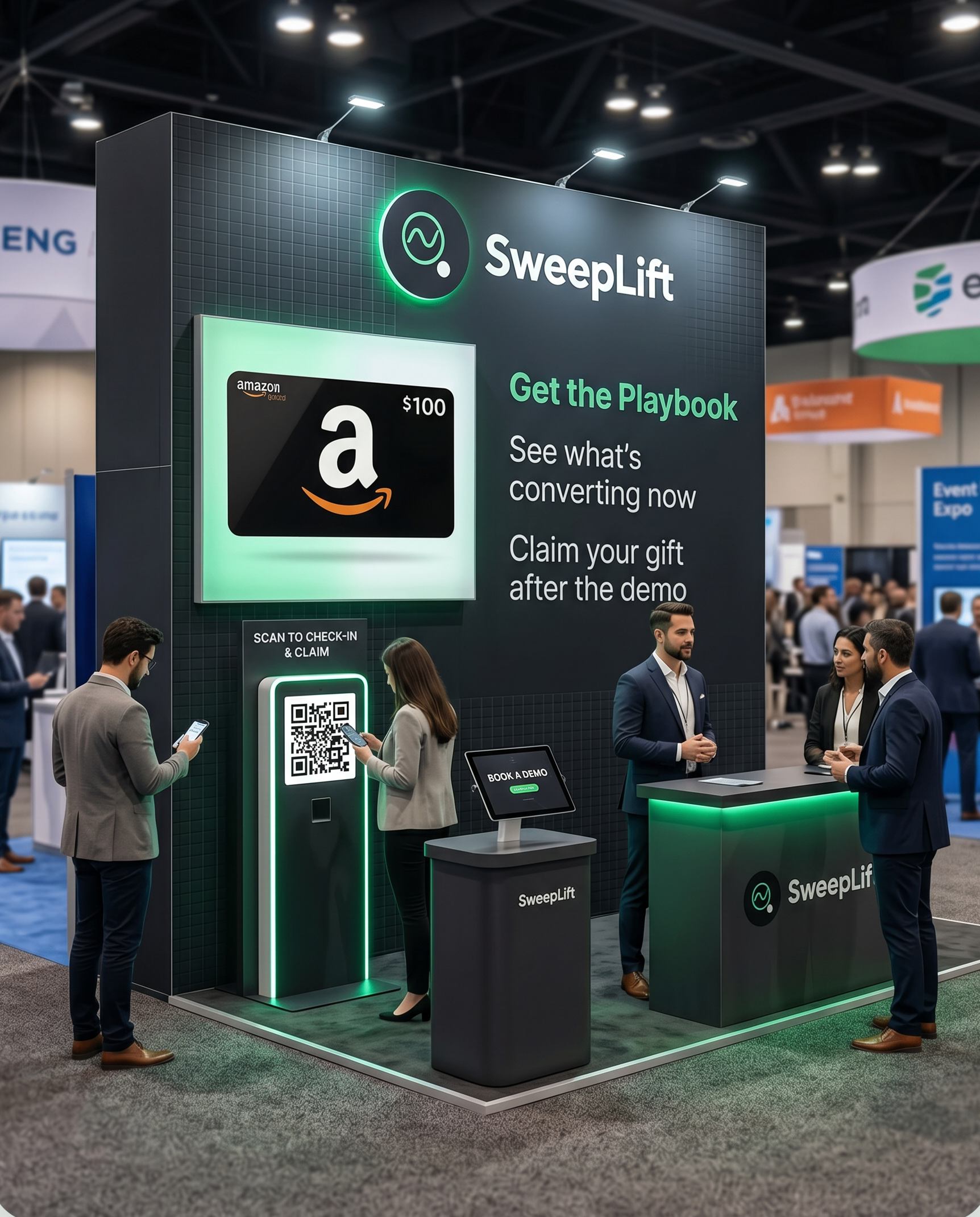 SweepLift booth at a conference with QR code check-in and incentive display