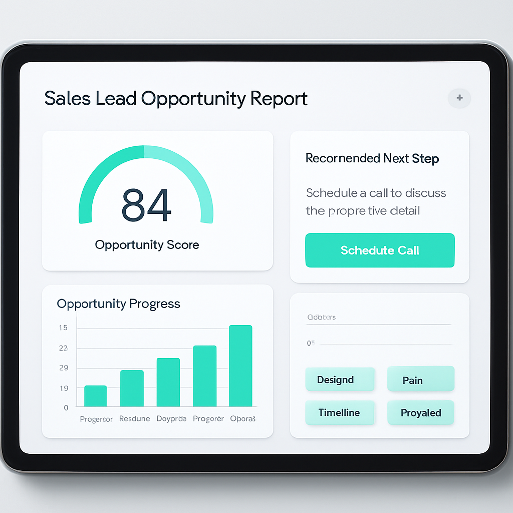 Lead opportunity intelligence report with score and qualification signals