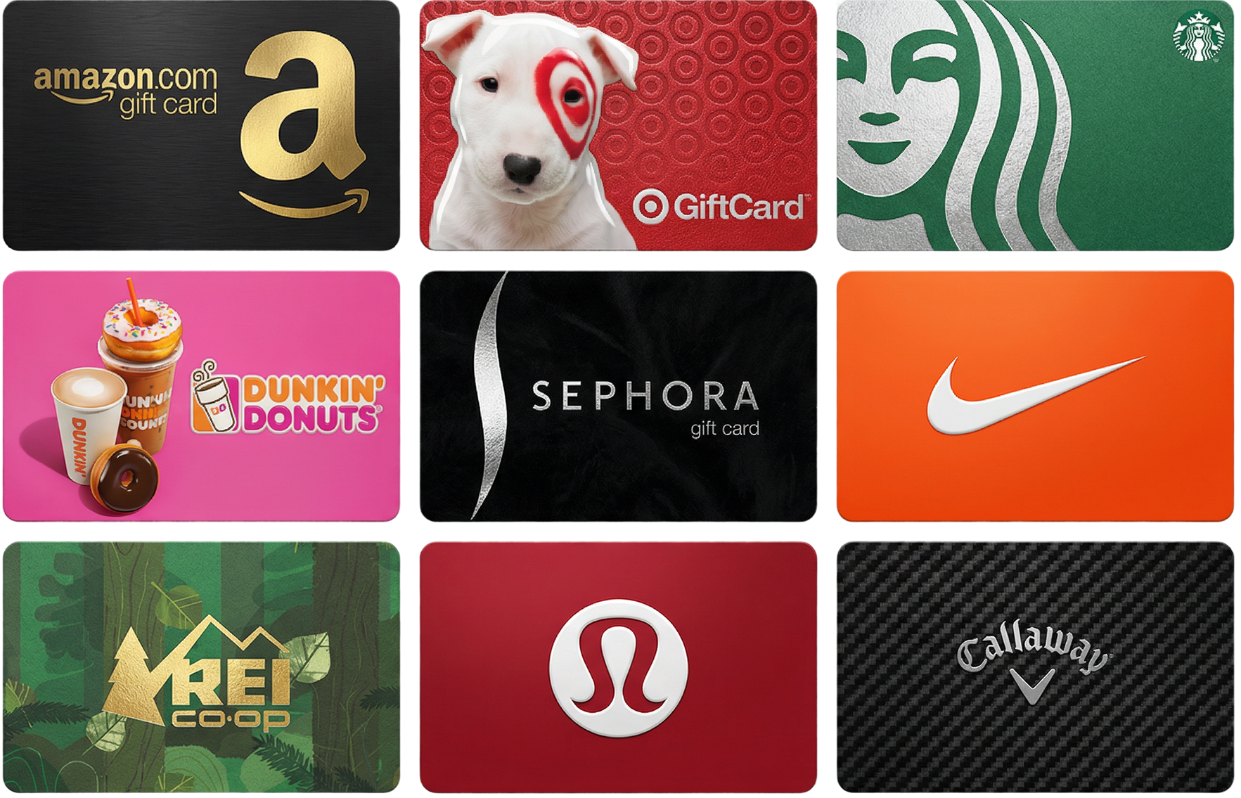 Reward catalog — Amazon, Target, Starbucks, Dunkin, Sephora, Nike, REI, Lululemon, Callaway