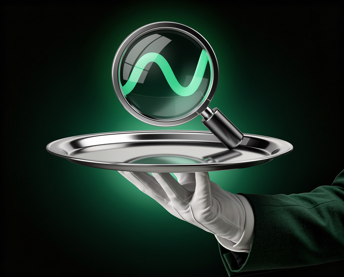 White-glove butler hand presenting a magnifying glass over a green performance signal on a silver platter, representing fully managed campaign optimization and reporting